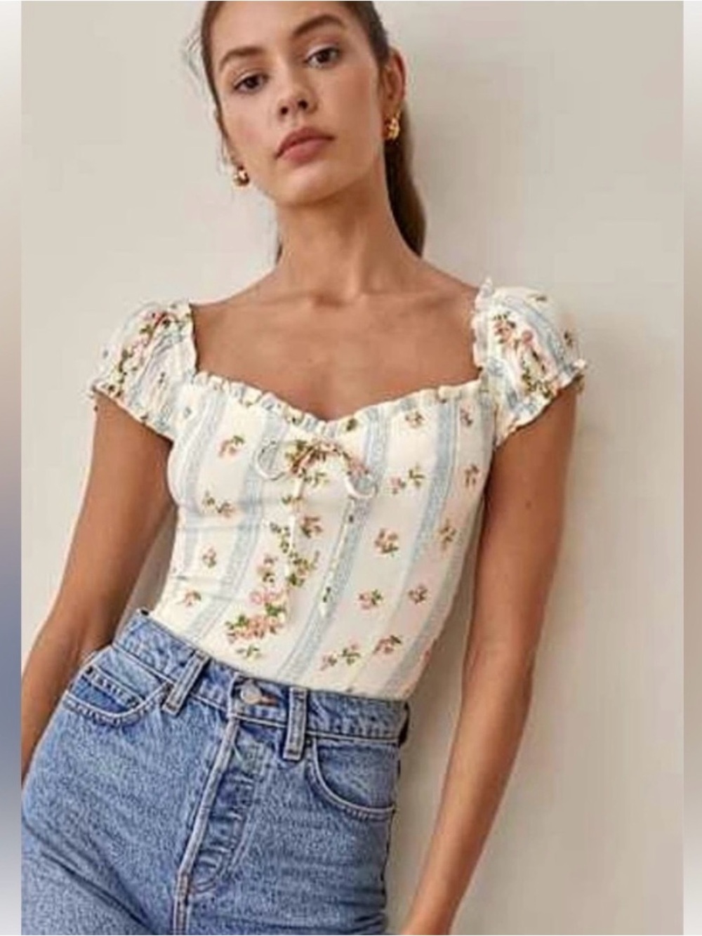Reformation floral Puff Sleeve Top - White/Blue